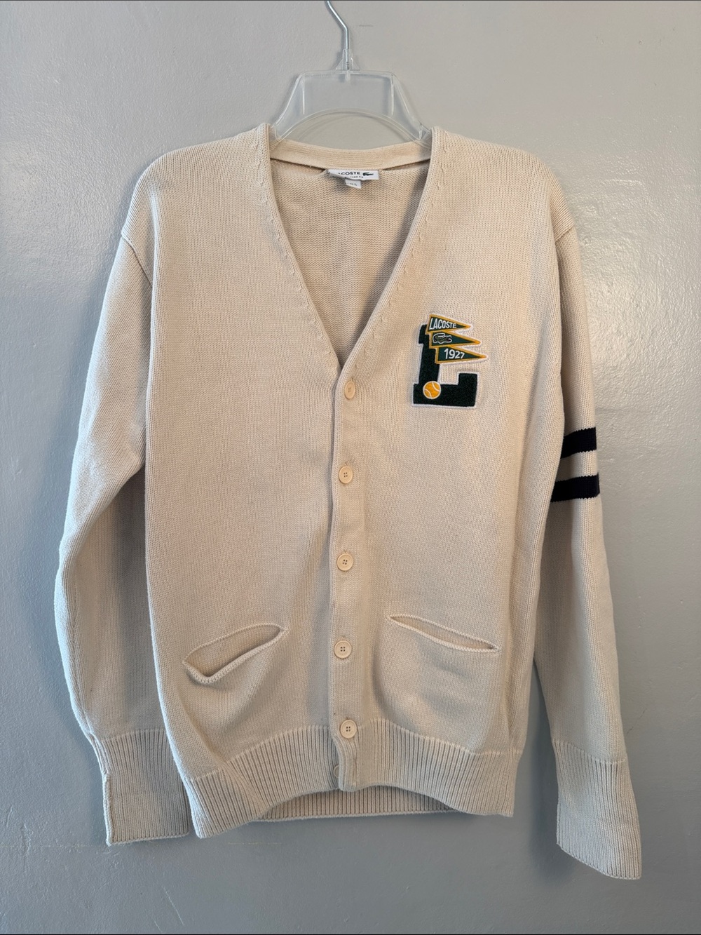 Lacoste Cream V-Neck Cardigan with Athletic Patch size medium